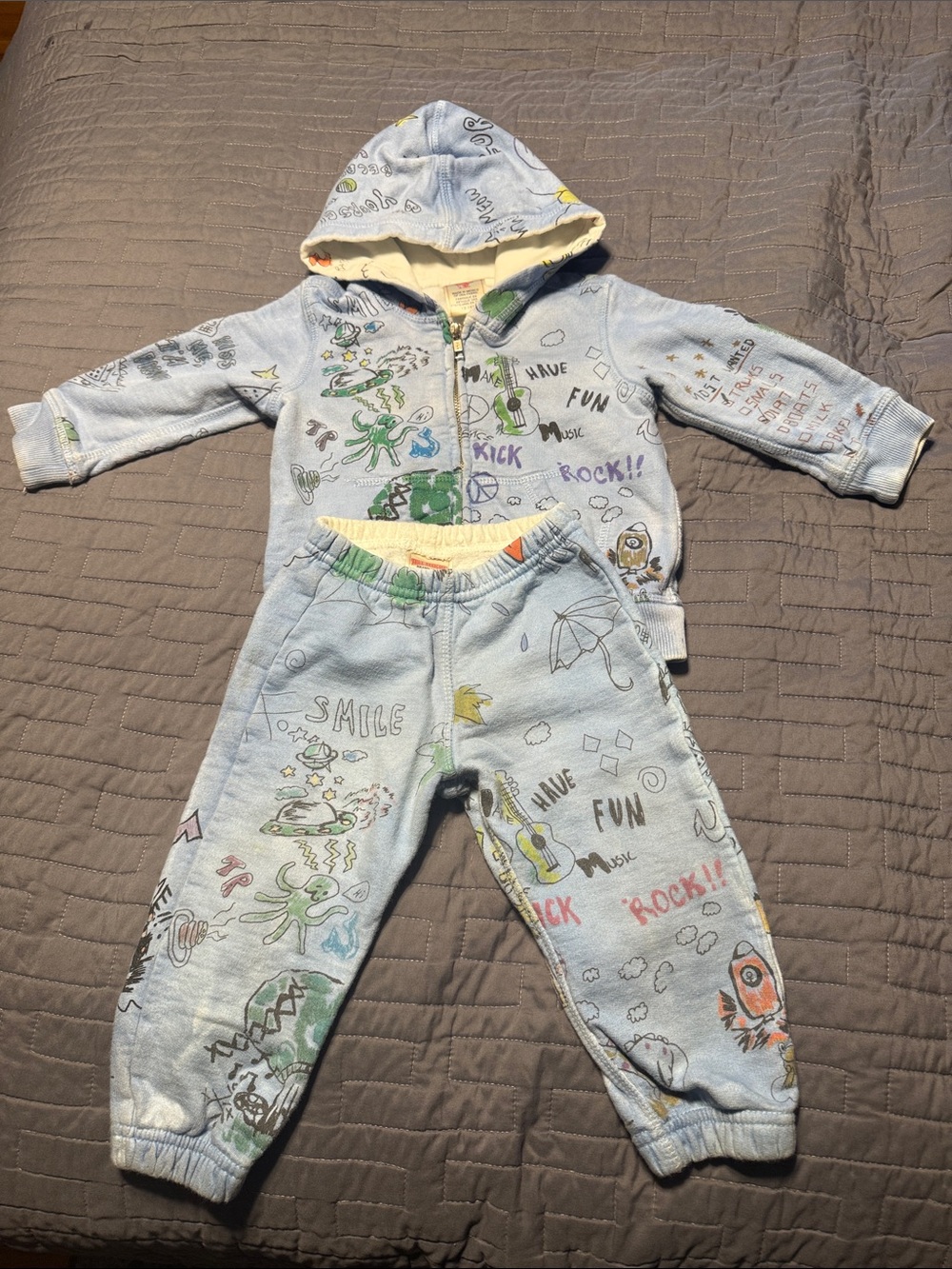 True Religion Light Blue Hooded Kids Matching Set with Multicolor Graphics